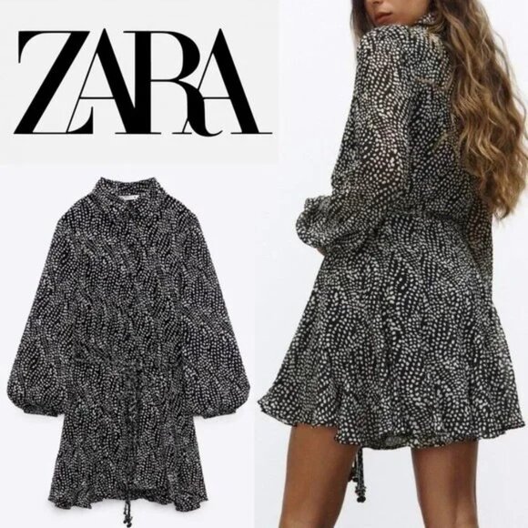 Zara Printed Mini Shirt Dress S Black White Polka Dot Flared Skirt - Picture 7 of 16